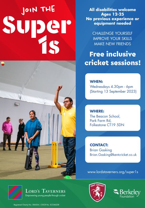 Free cricket sessions for age 12-25 at The Beacon on Wednesdays term time 4.30-6.00pm